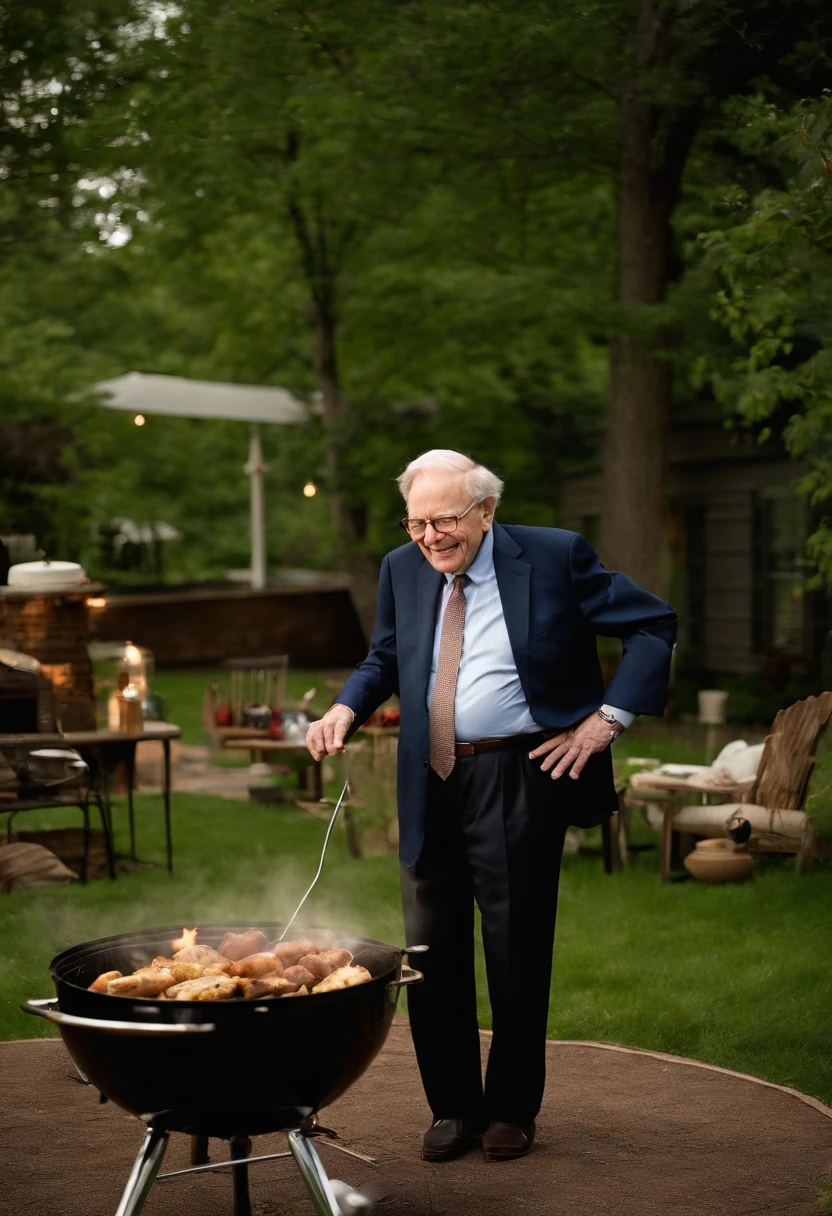A candid shot of Warren Buffett enjoying a BBQ cookout with friends and family in his backyard.,original,Warren Buffett, often referred to as the “Oracle of Omaha,” has a friendly, approachable appearance, typically seen in modest, practical attire that belies his status as one of the world’s wealthiest individuals. He has an unassuming demeanor, often seen with a gentle smile, and his elderly visage is marked by a warm, grandfatherly appeal.