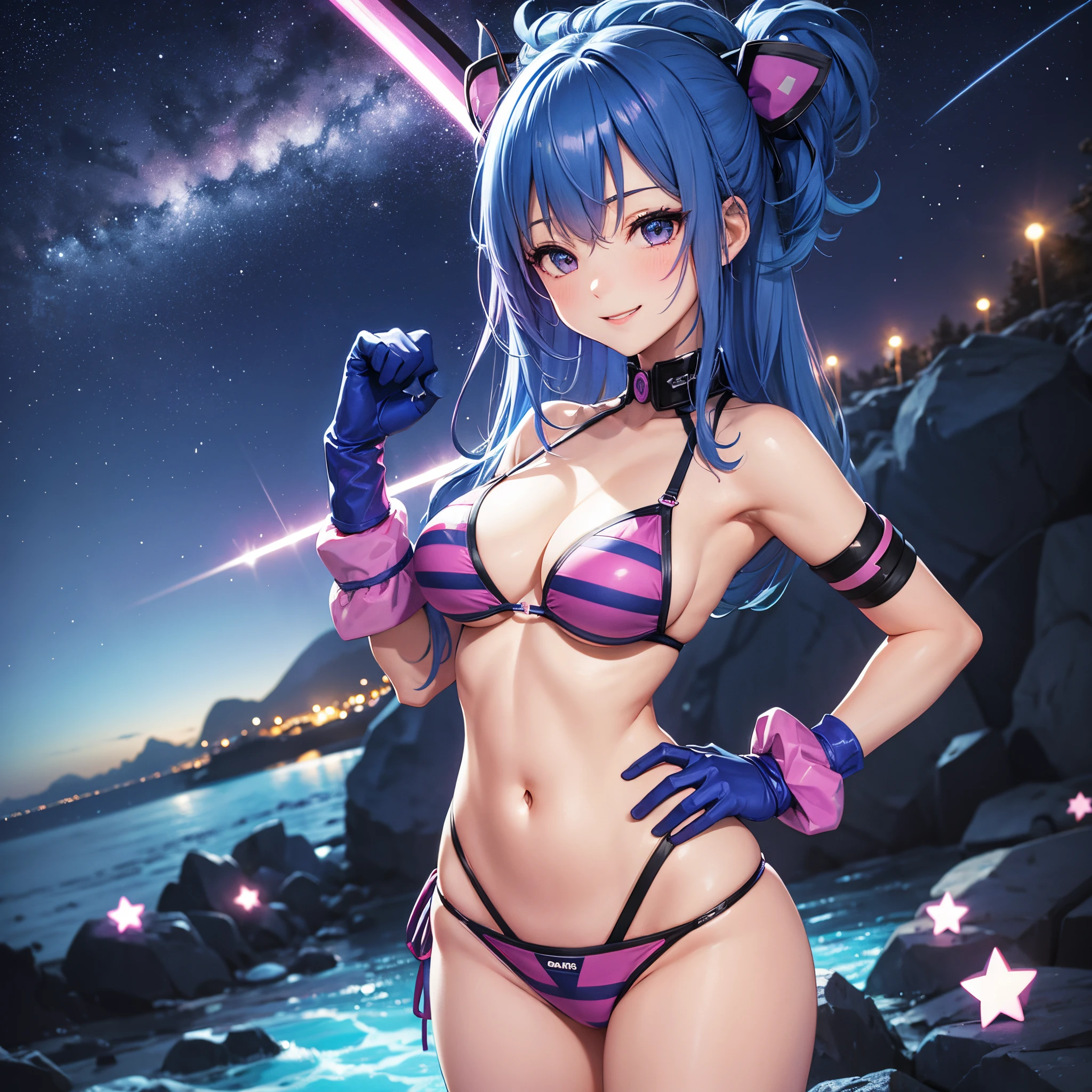 ;D, Smile,, Blue hair, breasts, Pink and purple gloves, blue strip bikini,nighttime scene、starrysky、
