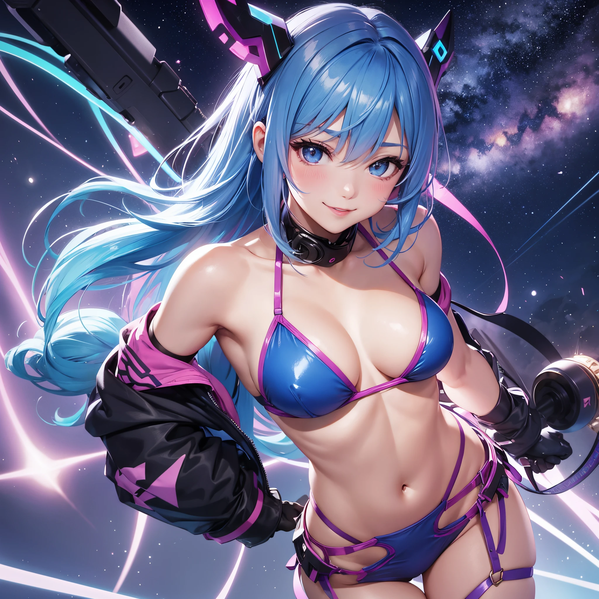 ;D, Smile,, Blue hair, breasts, Pink and purple gloves, blue strip bikini,nighttime scene、starrysky、