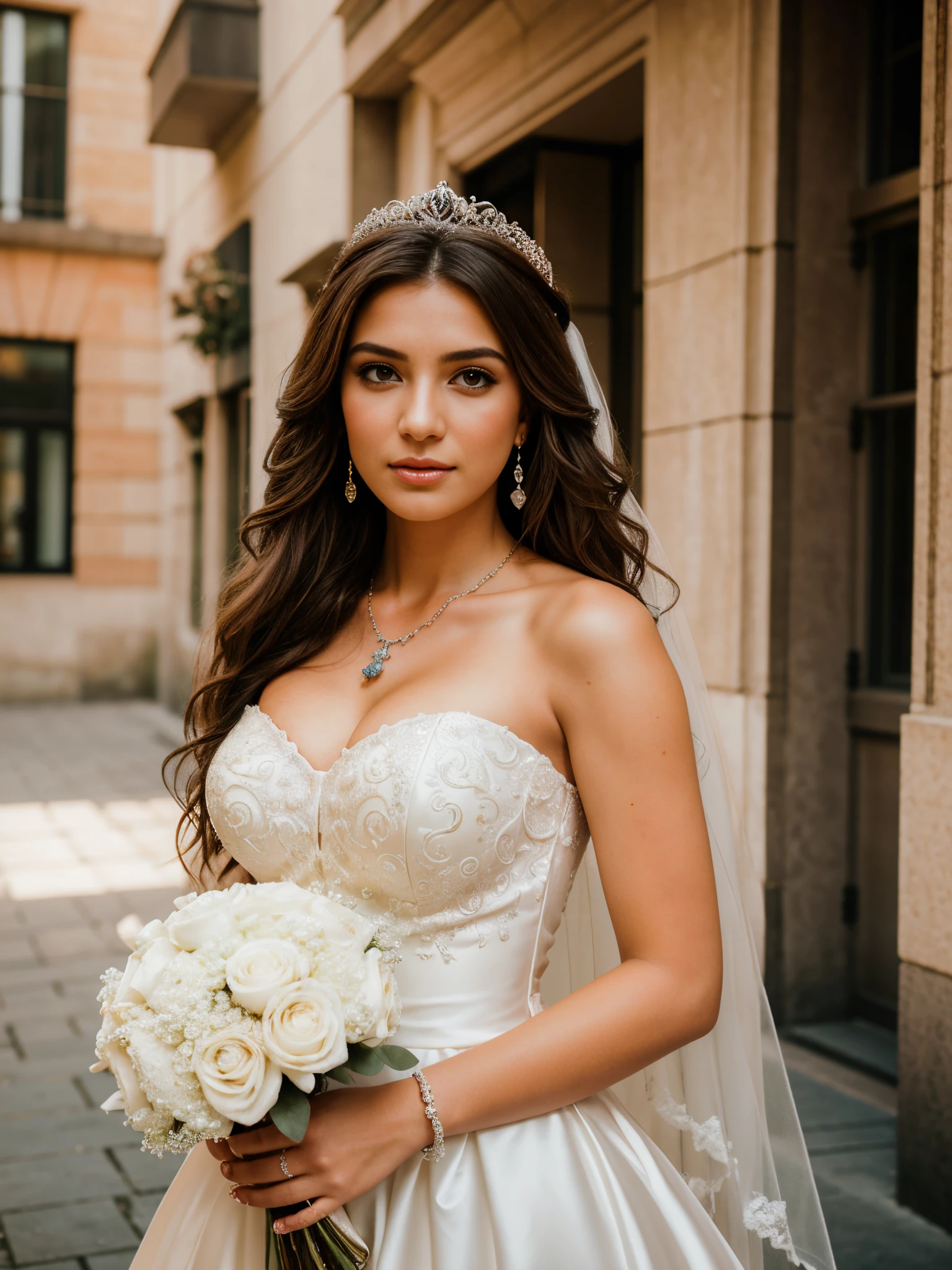photography of a stunning girl, bride, natural bust, wavy hair, skyscrapers, looks into the camera, symmetrical eyes, symmetrical face, photorealistic, photography, path tracing, specular lighting, volumetric face light, path traced hair, visible shadows, intricate, elaborate, hyper-realistic, earrings, bracelets, necklace, cleavages, white strapless wedding gown, tiara, long veil, blushing, happy, bouquet.