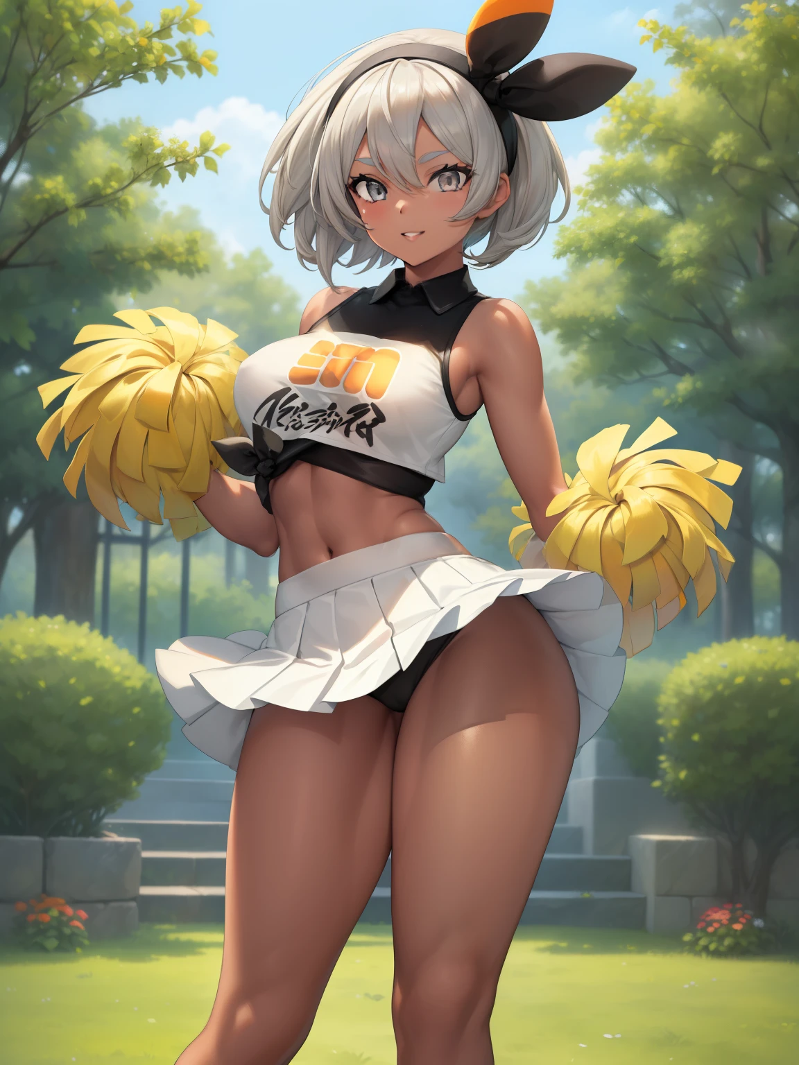 ((Bea pokemon)), (masterpiece:1.2, best quality), realistic, (real picture, intricate details, depth of field), ((1girl:1.2)), parted lips, highly-detailed, gorgeous perfect face, (skindentation), tanned skin, thick thighs, (wide hips), average waist, tall, ((short white hairs)), headband, beautiful grey eyes, looking at viewer, confident smile, toned body, rugby field, ((white cheerleader outfit)), short skirt, sleeveless croptop, midriff, bare arms, large breasts, ((full body)), (bare legs),
