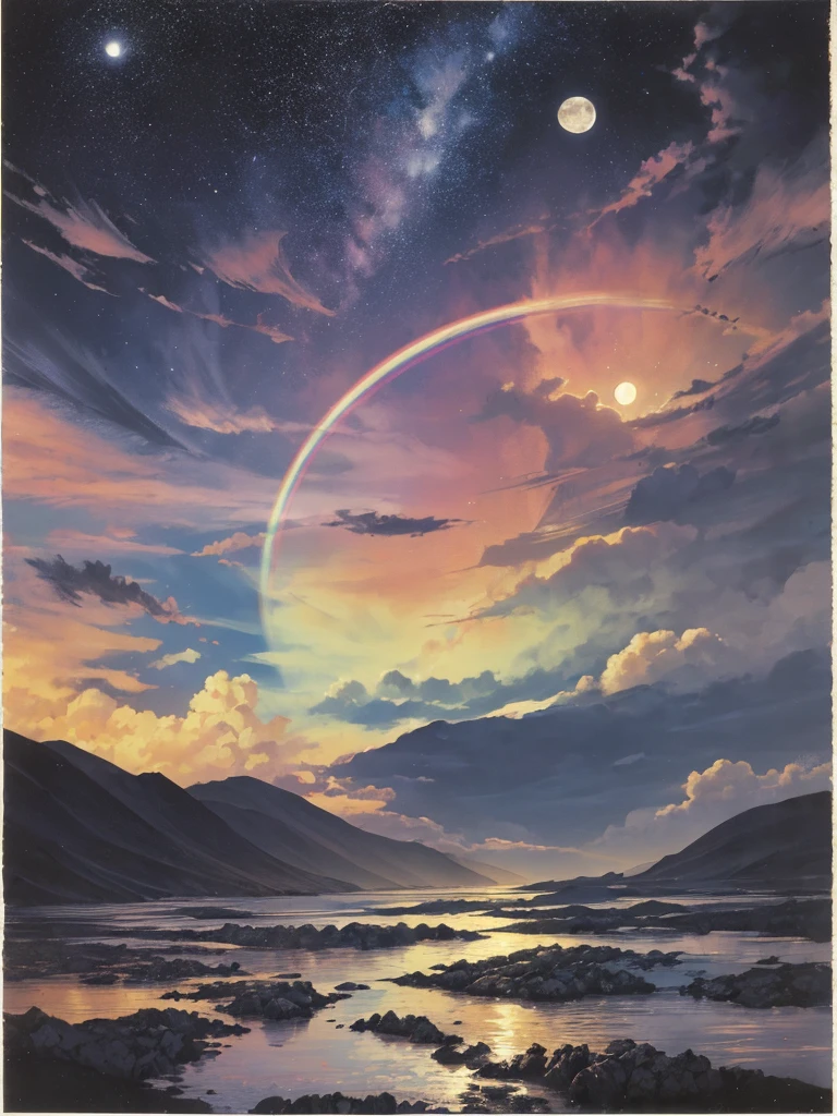 The moon is thinly covered by clouds, and the moonlight shines through the clouds in a halo-like rainbow ring. The world is enveloped in a sacred atmosphere.(Ink on Japanese paper, que tende a sangrar facilmente)(Contemporary Art as an Illustrated Book) (Aquarela transparente) (Light itself expressed as real) (camadas de macio, cores ricas) (ink tones dissolved finely with water) (Fundo, Cores delicadas)