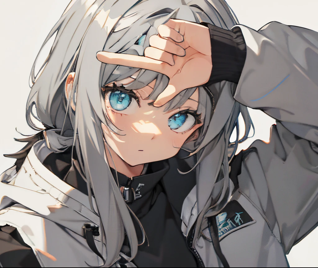【Highest Quality, masutepiece】 [girl, Manteau,Turquoise eyes, front facing, jet-black hair, Jacket, ] (Gray white background:1.7),