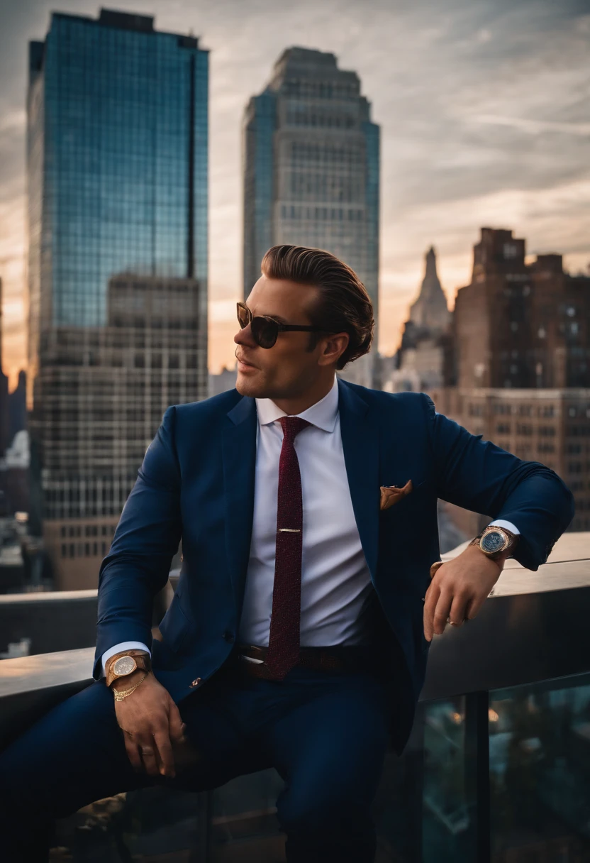 A photo of Finance Bro enjoying a cigar on the balcony of a luxury penthouse apartment with the NYC skyline in the background,original,30 years old, masculine, near comb over hair, wears a navy suit with a tie, walks around New York City