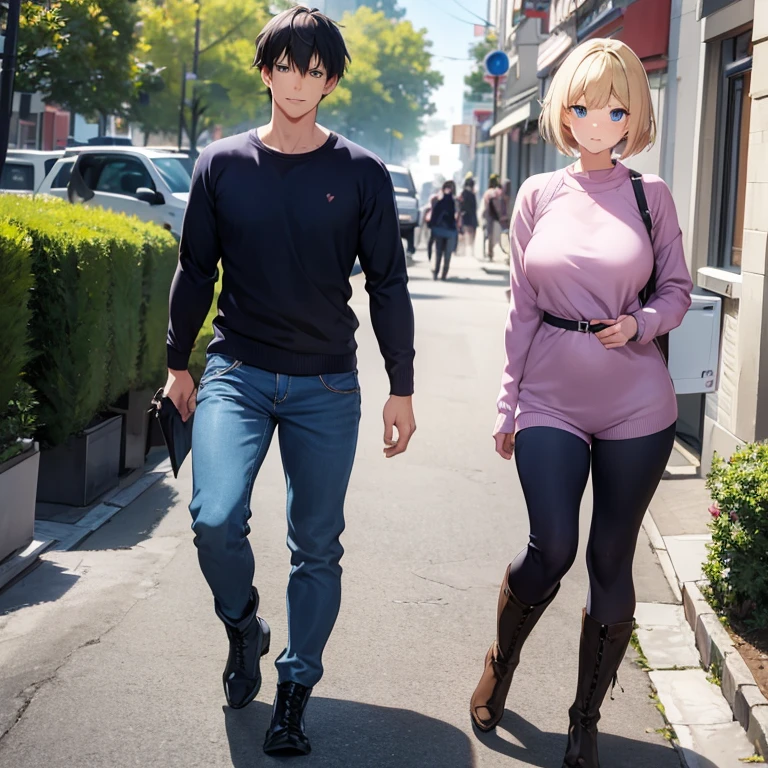 2D anime style、Blue eyes、Adults、Breasts are large、Blonde shorthair、Beautuful Women、shortpants、knit、jaket、boots、full bodyesbian、Will、Black-haired handsome man、Walking、