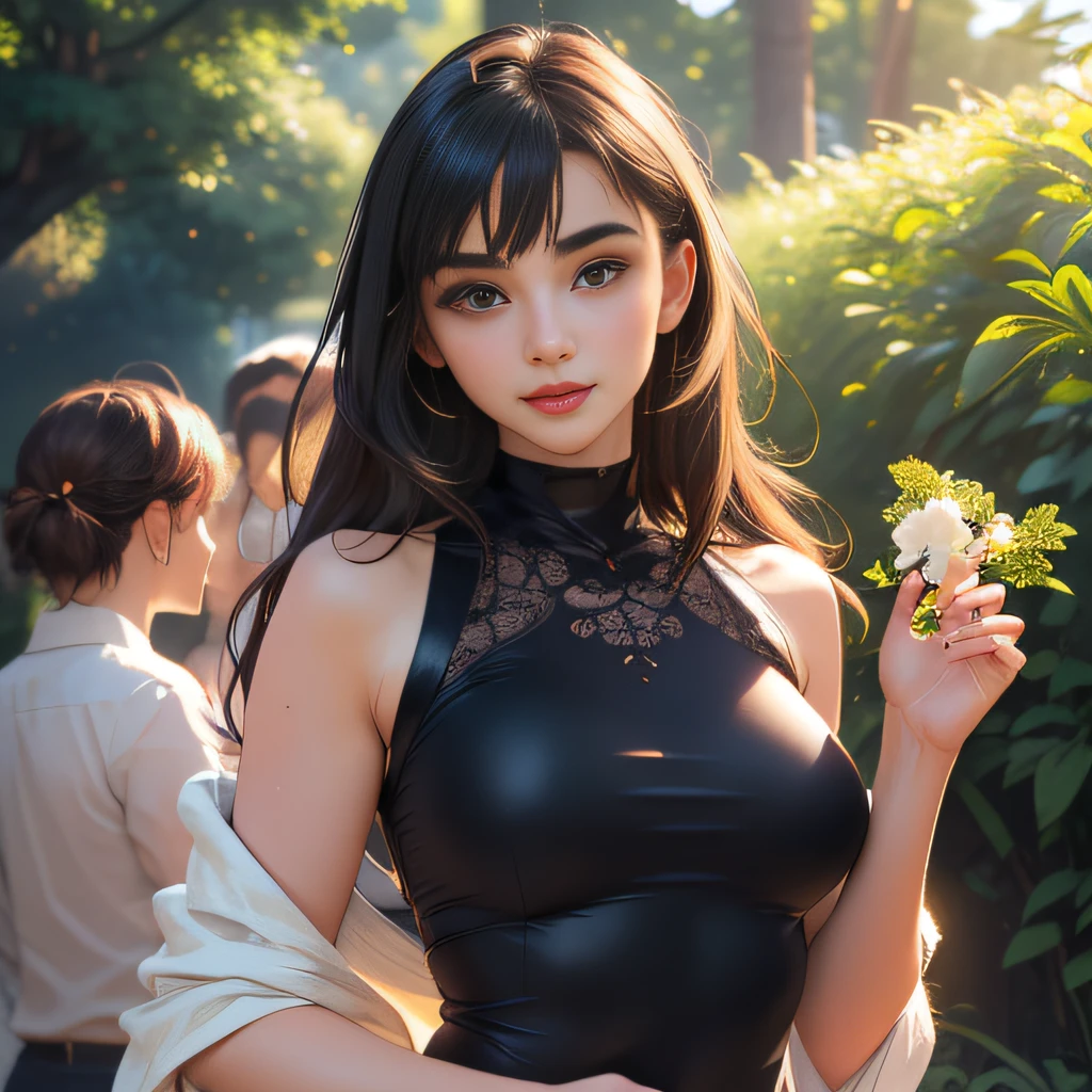 (Extremely detailed 8k wallpaper:2), (photo:2), (22 years old soigne Beautiful girl:2), (gives a lecture to friends:2), detailed (Face and eyes), (hyper realistic:1), (highly detailed:1), (epic realistic:1), rim light, (maximum details:1), cozy, (fullbody:1.3), (looking at viewer:2), (Woman's Attractive Qualities:2), (Attractive Woman:2), (Attractive:2), Smile, Intelligence, Empathy, Gracefulness, Sense of Style, Fitness, Grooming, Optimism, (Sensitivity:2), Sincerity, Romantic Gestures, Playfulness, Fashion Sense, (Sensuality:2), Charm, Modesty, Thoughtfulness, (Femininity:1), Flirtatiousness, Warmth, (Physical attractiveness:2), A beautiful smile, A love of life, strength and power, vulnerability, curiosity, wonder, love, (nature background:2), kawaii, waifu, Beautiful breasts, (attractive body:2), (Beautiful body:2), Beautiful pose, attractive pose, (Beautiful legs:1.0), (Beautiful clothes:1), (classic clothes:2), (elegant clothes:2), (European clothes:2), detailed clothes, (skirt:1), (blouse:1), (provocative pose)