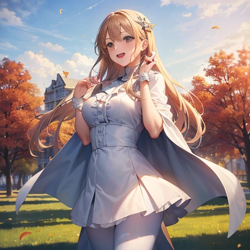 ((masterpiece:1.5)),((Finest quality)),(Ultra-high precision),8k picture, Top quality anime, Highest level of resolution, sharpnes, laughing, white cape coat, One piece with frills, white tights,biologically correct hand, cheerful, sunshine, autumn, outdoor, long hair, hair ornament,