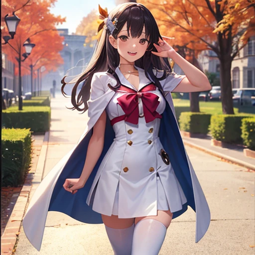 ((masterpiece:1.5)),((Finest quality)),(Ultra-high precision),8k picture, Top quality anime, Highest level of resolution, sharpnes, laughing, white cape coat, One piece with frills, white tights,biologically correct hand, cheerful, sunshine, autumn, outdoor, long hair, hair ornament,