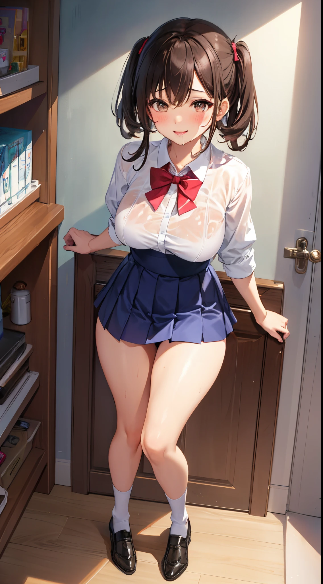 1girl in, Parted lips, blush, makeup, lightsmile, School uniform, Full body, Wide Angle, From above, crass room, llight rays, Glow, thighs thighs thighs thighs, 鎖骨, Narrow waist, (masutepiece), Wallpaper,Wet body、Micro lingerie that can be seen even over clothes、Drooling、White socks