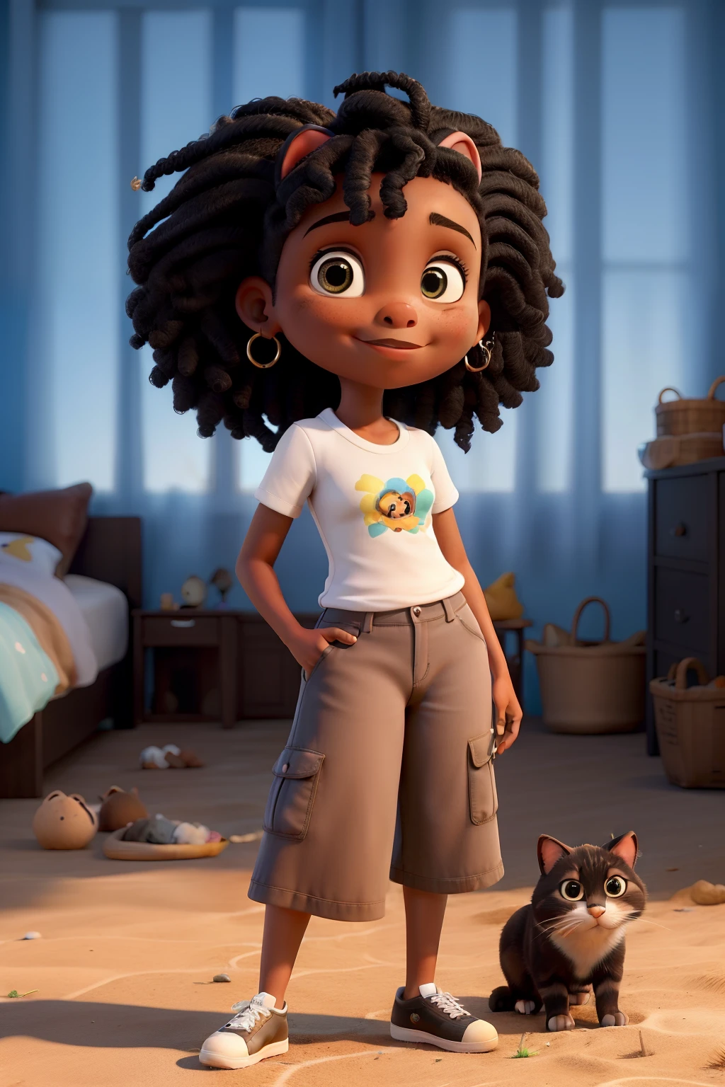 Obra-prima, de melhor qualidade, uma menina negra com cabelos pequenos e crespos, e com uma roupa roxa com seu gato