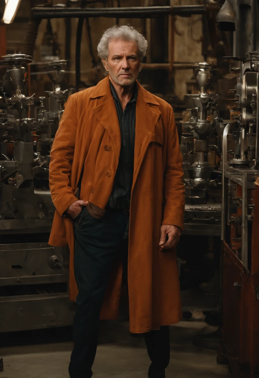 The image is of a deeply intricate and ominous mechanical contraption, with numerous sharp, angled edges and dials, sitting in a dimly lit workshop.,Saw series,Kramer is an older man with a gaunt, pallid complexion, accentuated by his battle with cancer. His thinning, grey hair and deeply lined face reflect his age and the toll of his illness. He often dresses plainly, in simple, unassuming clothes that contrast sharply with the elaborate nature of his traps. Even as his health declines, there’s a resilience in his eyes, a testament to his unwavering commitment to his twisted mission.