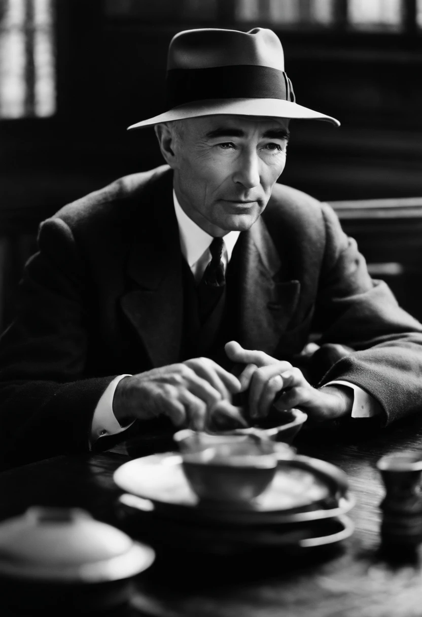 A photo of Oppenheimer sitting in a traditional teahouse, sipping on matcha and engaging in a philosophical dialogue with a Zen master.,World War II,J. Robert Oppenheimer was a slender, sharp-featured man, often seen with a cigarette in hand, which complemented his contemplative demeanor. He had deep-set eyes and a prominent nose, which, alongside his habitual wearing of a pork pie hat, gave him a distinctive silhouette.