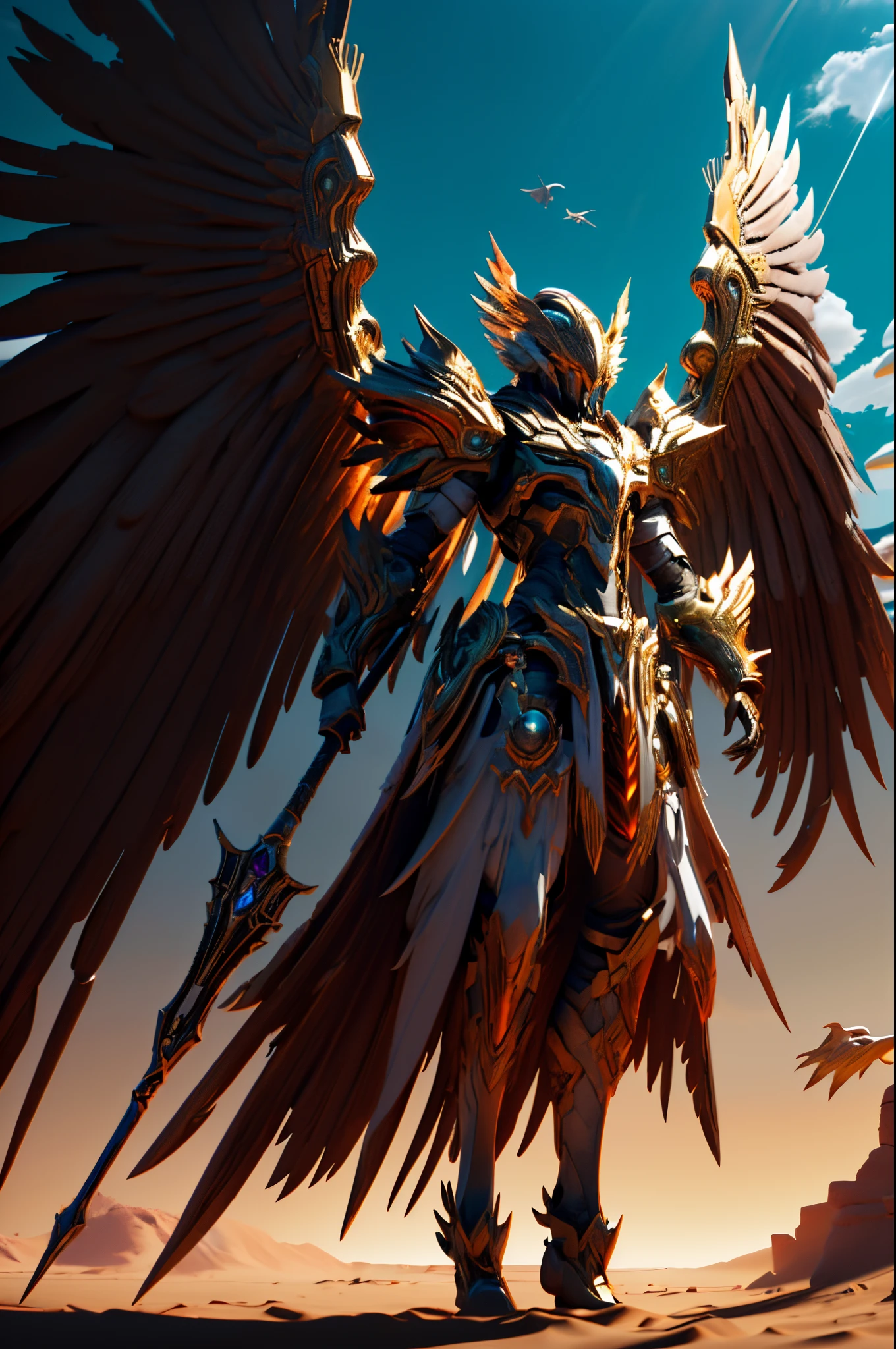 Azri,,angelicales, the angel's wings, armour, sea beach, Brown wings, ​​clouds, daysies, A desert, Feathered wings, feater, Hand Guard, shelmet, ngel, holdingweapon, horizon, malefocus, mont, multiple wings, the ocean, orange skies, Outdoor activities, sable, prop up, Monowing, Skysky, Alone, Permanent, suns, sunraise, the sunset, Eau, Staff weapons, White wings, Helmet with wings, wings, yellow sky，(Best quality,4K,8K,A high resolution,tmasterpiece:1.2),ultra - detailed,(actual,realistically,realistically:1.37),