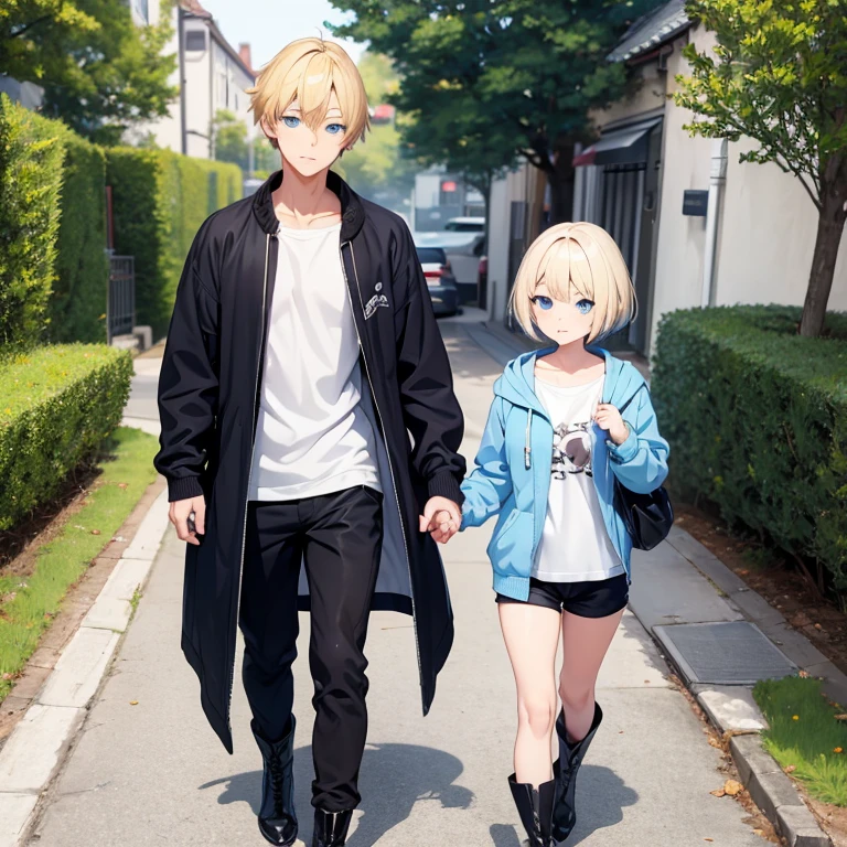 2D anime style、Blue eyes、Adults、Breasts are large、Blonde shorthair、Beautuful Women、shortpants、knit、jaket、boots、full bodyesbian、Will、Anime-style black-haired boy、Walking、