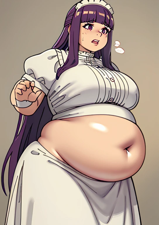 Fern, , fat, large belly, standing, grabbing belly, very fat, large stomach, chubby (best quality, masterpiece), fat belly, burping, maid outfit, burping loudly, fat, maid costume, belching, fat big belly