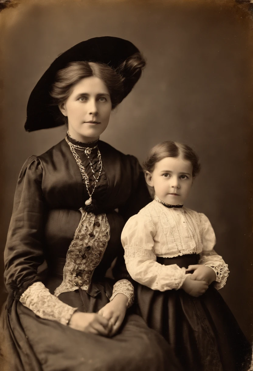 an old photo of a woman and a  posing for a picture, wearing 1890s era clothes, 1900s photograph, 1 9 0 0 s photograph, european woman photograph, early 1 9 0 0's, 1905, 1 9 0 5, 1902, 1 9 0 0's photo, 1 9 0 2