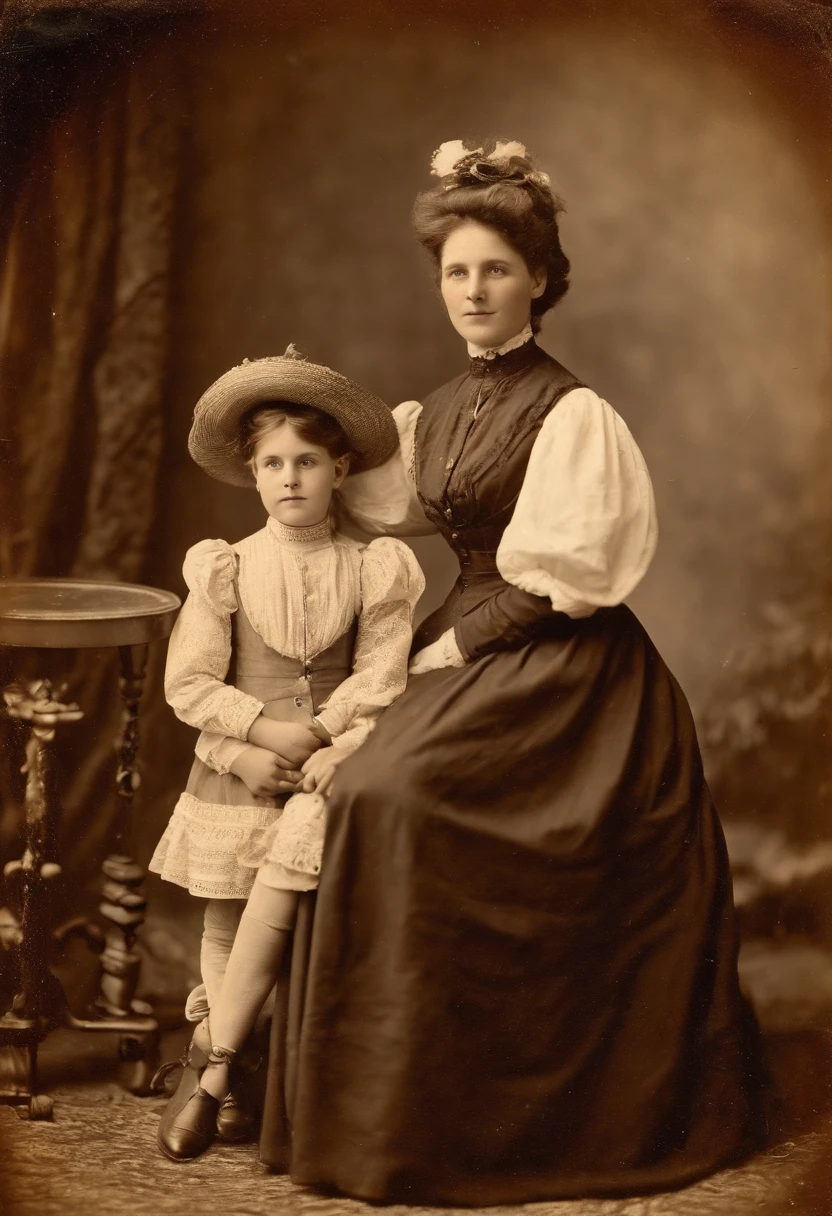 an old photo of a woman and a child posing for a picture, wearing 1890s era clothes, 1900s photograph, 1 9 0 0 s photograph, european woman photograph, early 1 9 0 0's, 1905, 1 9 0 5, 1902, 1 9 0 0's photo, 1 9 0 2