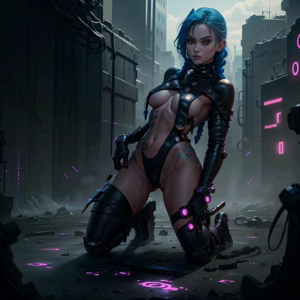 girl kneeling, sexy, realistic, 8k, full body, black bodysuit, blue hair, two braids, long braids, magenta eyes, night city, holding fishbone canon, evil laught, katana,