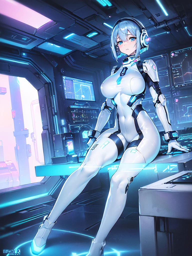 masterpiece:1.4, 1girl in ((20yr old, Wearing a futuristic white and silver costume, Tight Fit Bodysuit, long boots, Very gigantic-breasts, (Colorful blue hair):1.3, a short bob, Perfect model body, Blue eyes:1.2, Wearing headphones, Looking out the window of the futuristic sci-fi space station、While admiring the beautiful galaxy:1.2, SFSF control room on night background:1.1, Neon and energetic atmosphere:1.2)) ((Galaxy))
