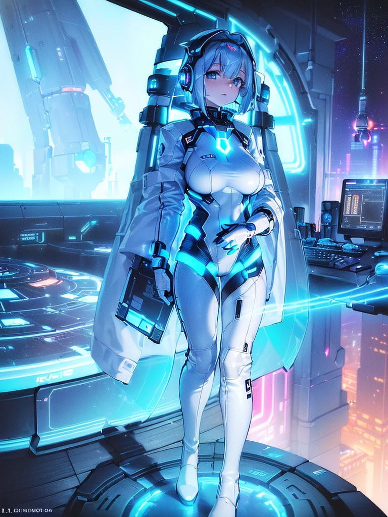 masterpiece:1.4, 1girl in ((20yr old, Wearing a futuristic white and silver costume, Tight Fit Bodysuit, long boots, Very gigantic-breasts, (Colorful blue hair):1.3, a short bob, Perfect model body, Blue eyes:1.2, Wearing headphones, Looking out the window of the futuristic sci-fi space station、While admiring the beautiful galaxy:1.2, SFSF control room on night background:1.1, Neon and energetic atmosphere:1.2)) ((Galaxy))