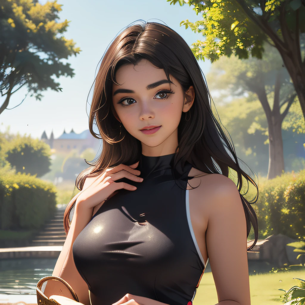 (Extremely detailed 8k wallpaper:2), (photo:2), (26 years old soigne Beautiful girl:2), (gives a lecture to friends:2), detailed (Face and eyes), (hyper realistic:1), (highly detailed:1), (epic realistic:1), rim light, (maximum details:1), cozy, (fullbody:1.3), (looking at viewer:2), (Woman's Attractive Qualities:2), (Attractive Woman:2), (Attractive:2), Smile, Intelligence, Empathy, Gracefulness, Sense of Style, Fitness, Grooming, Optimism, (Sensitivity:2), Sincerity, Romantic Gestures, Playfulness, Fashion Sense, (Sensuality:2), Charm, Modesty, Thoughtfulness, (Femininity:1), Flirtatiousness, Warmth, (Physical attractiveness:2), A beautiful smile, A love of life, strength and power, vulnerability, curiosity, wonder, love, (nature background:2), kawaii, waifu, Beautiful breasts, (attractive body:2), (Beautiful body:2), Beautiful pose, attractive pose, (Beautiful legs:1.0), (Beautiful clothes:1), (classic clothes:2), (elegant clothes:2), (European clothes:2), detailed clothes, (skirt:1), (blouse:1), (provocative pose)
