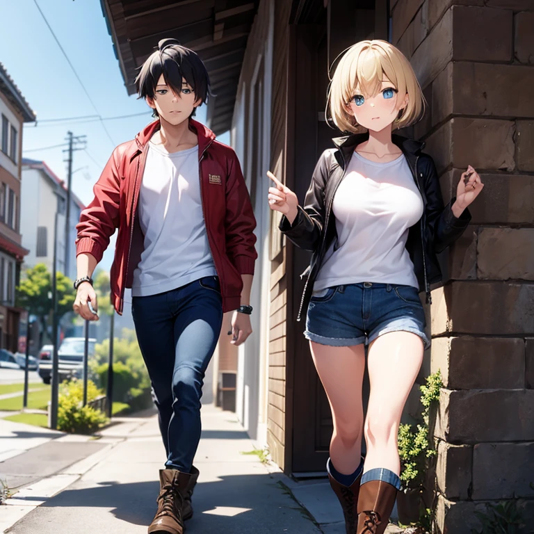 2D anime style、Blue eyes、Adults、Breasts are large、Blonde shorthair、Beautuful Women、shortpants、knit、jaket、boots、full bodyesbian、Will、Anime-style black-haired man、Walking、