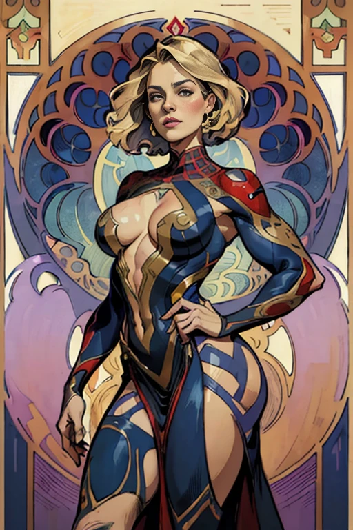 Sharon Stone、Sticking out the navel、newyork、She wears a torn Spider-Man suit,wearing skirt、abstract photorealistic、artistic、Alphonse Mucha's painting(masterpiece、top-quality、hight resolution:1.4)、detaileds、intricate-detail、4K、color splashes、line-drawing、Fibonacci、
