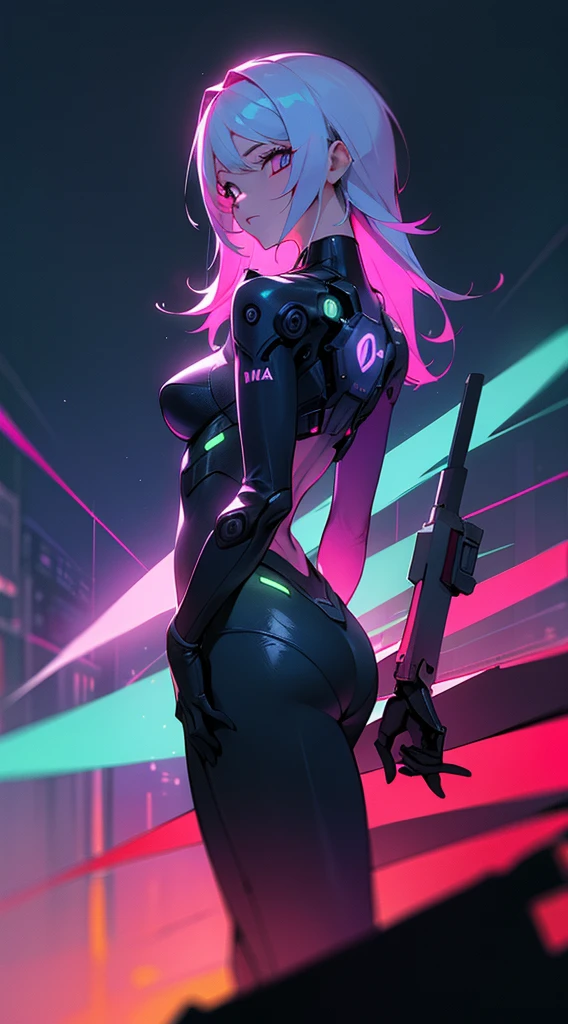 A woman, Lucy,smoking, Looking at the audience, cyberpunk, from behind,