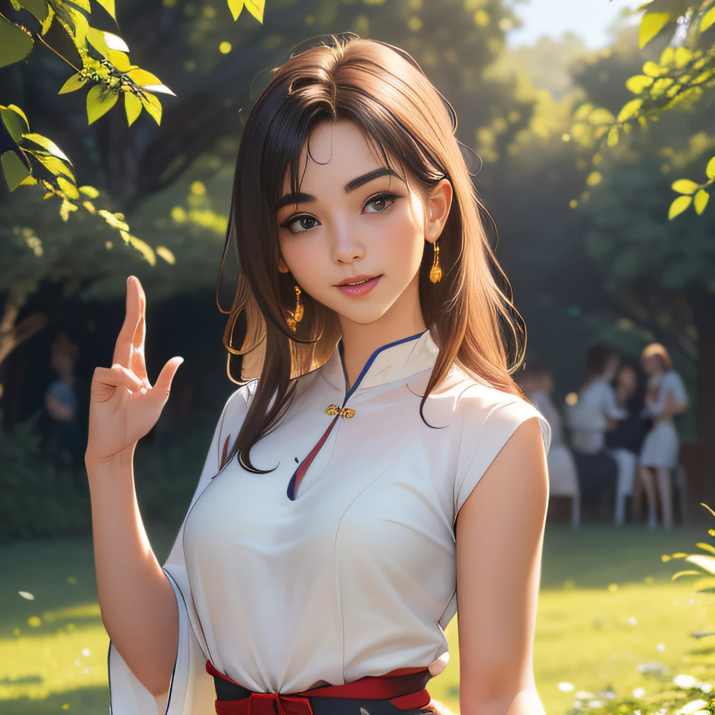 (Extremely detailed 8k wallpaper:2), (photo:2), (26 years old soigne Beautiful girl:2), (gives a lecture to friends:2), detailed (Face and eyes), (hyper realistic:1), (highly detailed:1), (epic realistic:1), rim light, (maximum details:1), cozy, (fullbody:1.3), (looking at viewer:2), (Woman's Attractive Qualities:2), (Attractive Woman:2), (Attractive:2), Smile, Intelligence, Empathy, Gracefulness, Sense of Style, Fitness, Grooming, Optimism, (Sensitivity:2), Sincerity, Romantic Gestures, Playfulness, Fashion Sense, (Sensuality:2), Charm, Modesty, Thoughtfulness, (Femininity:1), Flirtatiousness, Warmth, (Physical attractiveness:2), A beautiful smile, A love of life, strength and power, vulnerability, curiosity, wonder, love, (nature background:2), kawaii, waifu, Beautiful breasts, (attractive body:2), (Beautiful body:2), Beautiful pose, attractive pose, (Beautiful legs:1.0), (Beautiful clothes:1), (classic clothes:2), (elegant clothes:2), (European clothes:2), detailed clothes, (skirt:1), (blouse:1), (provocative pose)