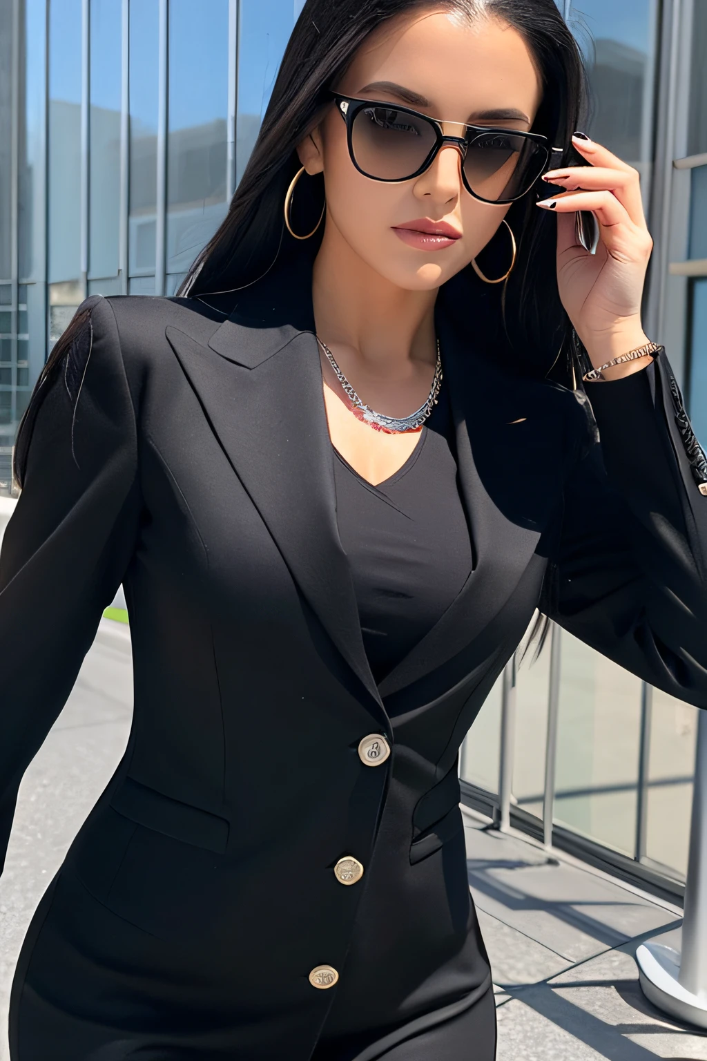 Alafed woman in black dress and sunglasses poses for photo, in suit with black glasses, Female Spy, wearing black stylish clothing, Girl in suit, wearing black glasses, skintight jet black leahter coat, skintight black clothes, Black Gothic Jacket, dressed in a black outfit, Wearing a black jacket, Wearing a strict business suit, Wearing black clothes