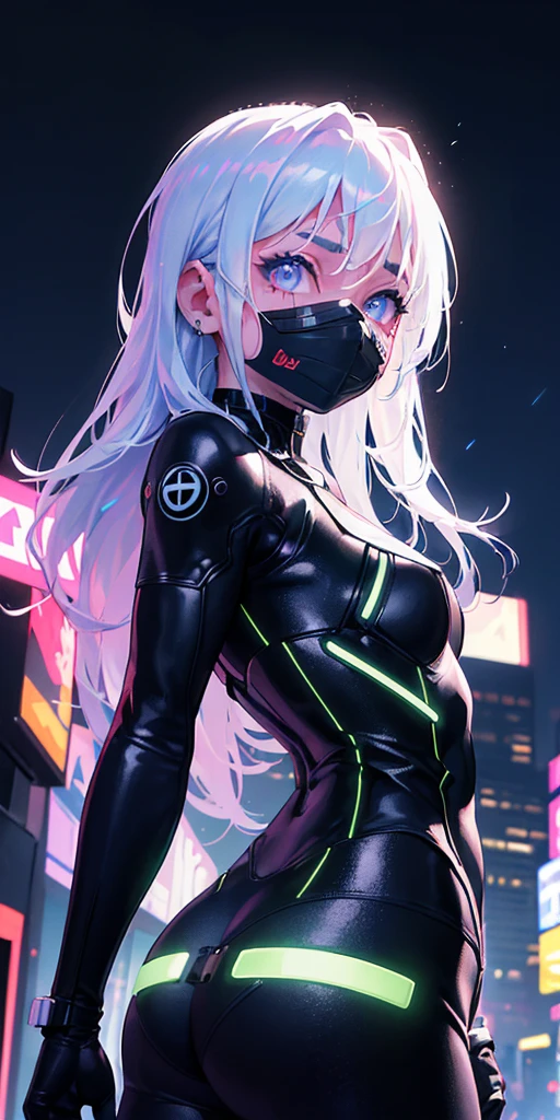 qualidade superior))、((obra prima)、Close-up de pessoas、Emphasis on the glute、cyberpunk、oversized buttocks、Electronic visor attached to 12-year-old girl's face with emphasis on buttocks、moda cyberpunk、pose sexy、(Vestindo spats de corpo branco na parte inferior do corpo、Mamas aumentadas、Neon lights in the dark city at night