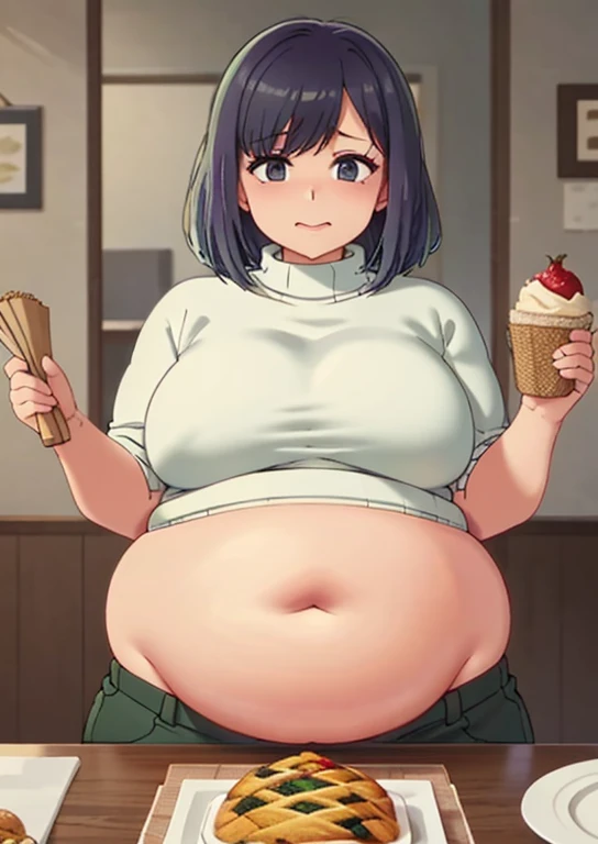 fat, large belly, standing, big belly, very fat, large stomach, chubby (best quality, masterpiece), fat belly, Akane Kurokawa, Akane, fat, large belly, standing, grabbing belly, very fat, large stomach, chubby (best quality, masterpiece), fat belly, at, large belly, standing, grabbing belly, very fat, large stomach, chubby (best quality, masterpiece), thanksgiving, wearing sweater, grabbing belly, sitting down, table with of food, table tons of food, lots of food, holding belly, table with food, sitting, wearing sweater, Christmas, Holiday, Christmas cookies, holiday, Christmas season