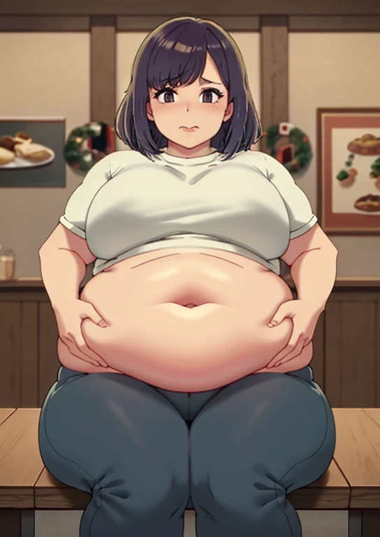 fat, large belly, standing, big belly, very fat, large stomach, chubby (best quality, masterpiece), fat belly, Akane Kurokawa, Akane, fat, large belly, standing, grabbing belly, very fat, large stomach, chubby (best quality, masterpiece), fat belly, at, large belly, standing, grabbing belly, very fat, large stomach, chubby (best quality, masterpiece), thanksgiving, wearing sweater, grabbing belly, sitting down, table with of food, table tons of food, lots of food, holding belly, table with food, sitting, wearing sweater, Christmas, Holiday, Christmas cookies, holiday, Christmas season