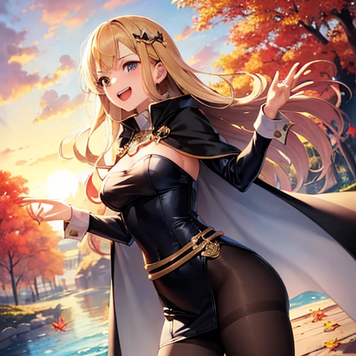 ((masterpiece:1.5)),((Finest quality)),(Ultra-high precision),8k picture, Top quality anime, Highest level of resolution, sharpnes, laughing, cape coat, One piece with frills, tights, biologically correct hand, wave her hand, cheerful, sunshine, autumn, outdoor, long hair, hair ornament,