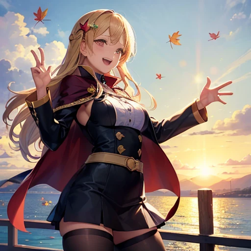 ((masterpiece:1.5)),((Finest quality)),(Ultra-high precision),8k picture, Top quality anime, Highest level of resolution, sharpnes, laughing, cape coat, One piece with frills, tights, biologically correct hand, wave her hand, cheerful, sunshine, autumn, outdoor, long hair, hair ornament,