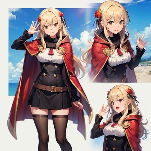 ((masterpiece:1.5)),((Finest quality)),(Ultra-high precision),8k picture, Top quality anime, Highest level of resolution, sharpnes, laughing, cape coat, One piece with frills, tights, biologically correct hand, wave her hand, cheerful, sunshine, autumn, outdoor, long hair, hair ornament,