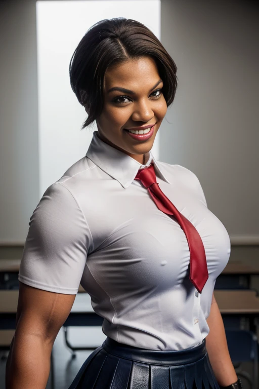 Resident evil, Viewed from below, dtamatic lighting, Ms Olympia giant Queen latifah,  liz cambage, photoshoot studio quality lighting, heavily muscled iffb pro female bodybuilder , humongous muscular chest,((school uniforms:1.4)) ( ((high school)),((white shirt)), ((red tie)), ((dark blue leather skirt:1.3)) ((in the class room:1.3)) ((thin_fabric:1.4)) ((random pose:1.3)) ((sweaty:1.5))((face is flushed:1.4)) ((big muscles:1.4)) ((close-up:1.2)) best quality,masterpiece,ultra high res,(photorealistic:1.4),raw photo,(Authentic skin texture:1.3),(film grain:1.3),panorama,character portrait,very wide shot,narrow waist,cowboy shot,(in the dark, deep shadow, low key, cold light,) night,streaming tears,,dust,Tyndall effect,(expression),beautiful detailed eyes and face,white jabot,brown eyes,((brown hair:1.2)) ((full body:1.3)) ((smile:1.3))