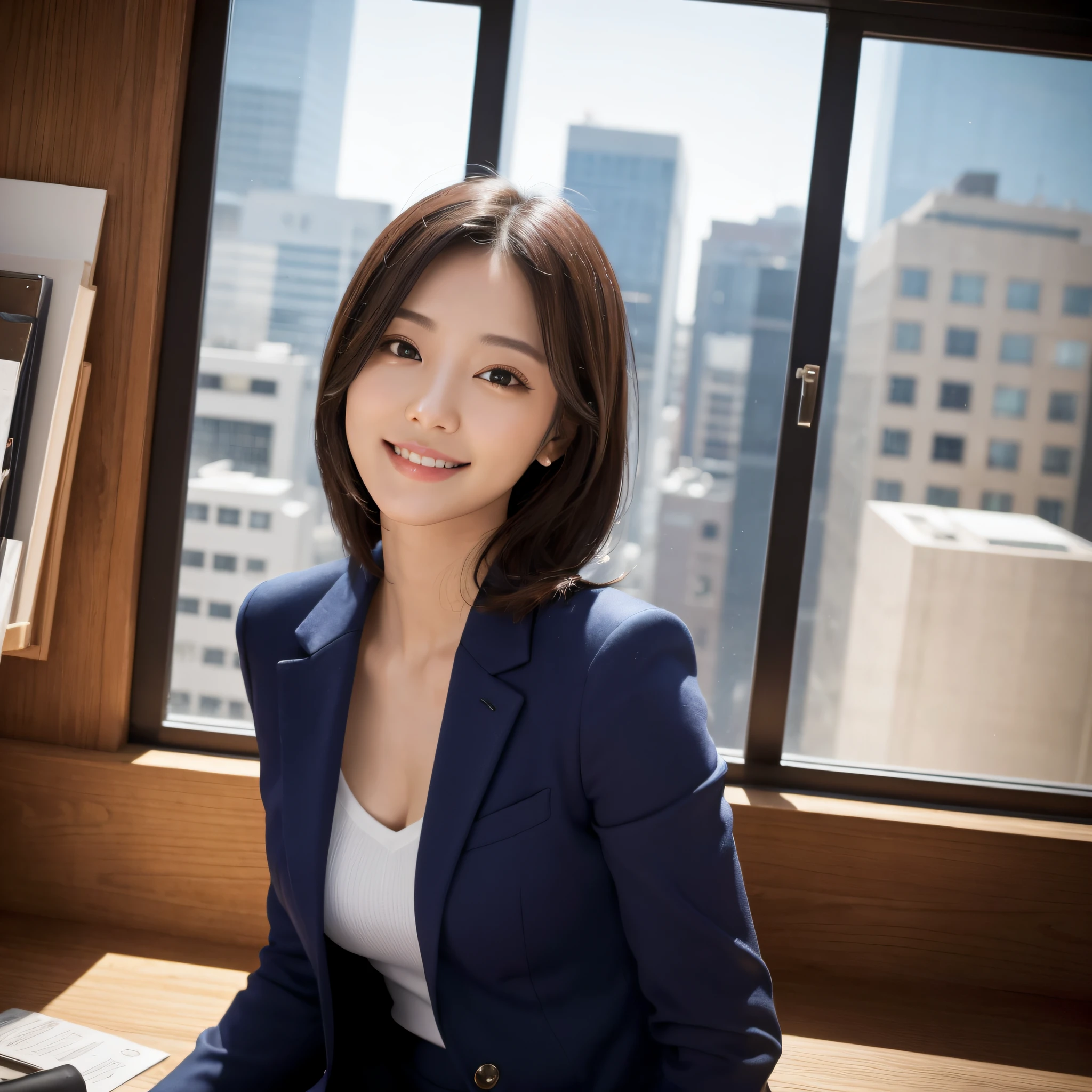 One super beautiful woman、((best qualtiy、8k masterpieces:1.3))、foco nítido:1.2、(ultra beautiful faces:1.0)、(shinny skin:1.0)、photos realistic、A dark-haired、Video Lighting、High-definition eyes and face、Japan Idol Actress、from the front side、medium breasts、Smile、Slender Abs Beauty、Whole body、wears a suit、wearing a shirts、In the office