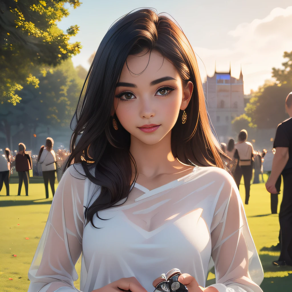 (Extremely detailed 8k wallpaper:2), (photo:2), (24 years old soigne Beautiful girl:2), (gives a lecture to friends:2), detailed (Face and eyes), (hyper realistic:1), (highly detailed:1), (epic realistic:1), rim light, (maximum details:1), cozy, (fullbody:1.3), (looking at viewer:2.0), (Woman's Attractive Qualities:2), (Attractive Woman:2), (Attractive:2), Smile, Intelligence, Empathy, Gracefulness, Sense of Style, Fitness, Grooming, Optimism, (Sensitivity:2), Sincerity, Romantic Gestures, Playfulness, Fashion Sense, (Sensuality:2), Charm, Modesty, Thoughtfulness, (Femininity:1), Flirtatiousness, Warmth, (Physical attractiveness:2), A beautiful smile, A love of life, strength and power, vulnerability, curiosity, wonder, love, (nature background:2), kawaii, waifu, Beautiful breasts, (attractive body:2), (Beautiful body:2), Beautiful pose, attractive pose, (Beautiful legs:1.0), (Beautiful clothes:1), (classic clothes:2), (elegant clothes:2), (European clothes:2), detailed clothes, (skirt:1), (blouse:1), (provocative pose)