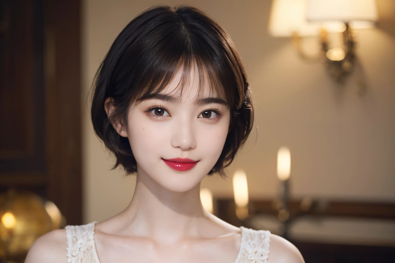 114
(a 20 yo woman,is standing), (A hyper-realistic), (high-level image quality), ((beautiful hairstyle 46)), ((short-hair)), (Gentle smile), (breasted:1.1), (lipsticks)