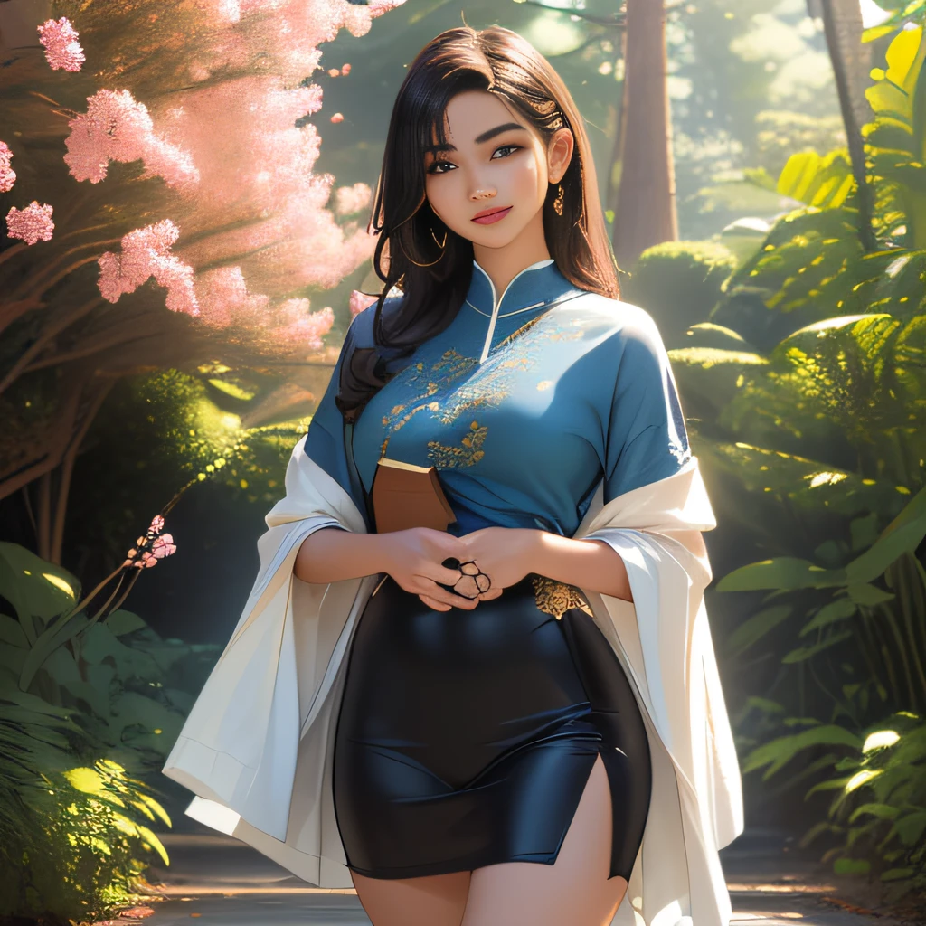 (Extremely detailed 8k wallpaper:2), (photo:2), (26 years old soigne Beautiful girl:2), (gives a lecture to friends:2), detailed (Face and eyes), (hyper realistic:1), (highly detailed:1), (epic realistic:1), rim light, (maximum details:1), cozy, (fullbody:1.3), (looking at viewer:2), (Woman's Attractive Qualities:2), (Attractive Woman:2), (Attractive:2), Smile, Intelligence, Empathy, Gracefulness, Sense of Style, Fitness, Grooming, Optimism, (Sensitivity:2), Sincerity, Romantic Gestures, Playfulness, Fashion Sense, (Sensuality:2), Charm, Modesty, Thoughtfulness, (Femininity:1), Flirtatiousness, Warmth, (Physical attractiveness:2), A beautiful smile, A love of life, strength and power, vulnerability, curiosity, wonder, love, (nature background:2), kawaii, waifu, Beautiful breasts, (attractive body:2), (Beautiful body:2), Beautiful pose, attractive pose, (Beautiful legs:1.0), (Beautiful clothes:1), (classic clothes:2), (elegant clothes:2), (European clothes:2), detailed clothes, (skirt:1), (blouse:1), (provocative pose)