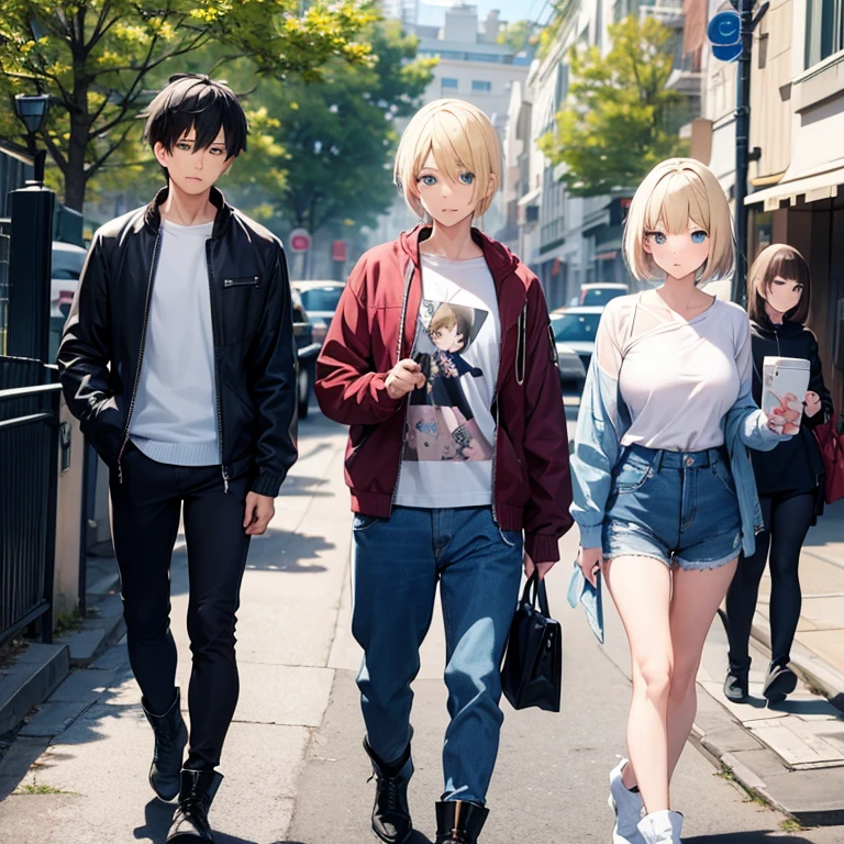 2D anime style、Blue eyes、Adults、Breasts are large、Blonde shorthair、Beautuful Women、shortpants、knit、jaket、boots、full bodyesbian、Will、Anime-style black-haired man、Casual Fashion、2guys、Walking、