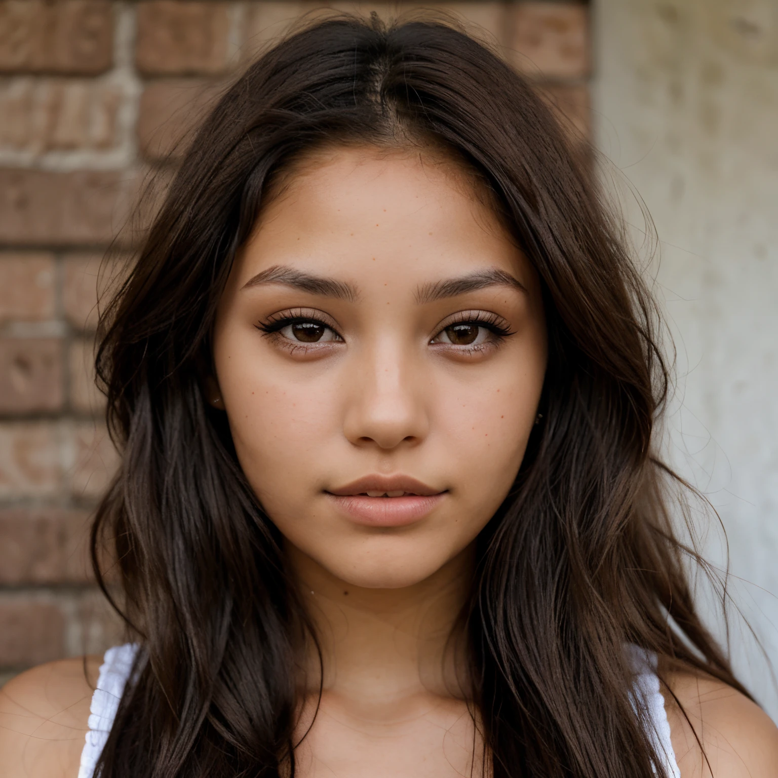 Modelo morena con cabello rizado y ojos claros