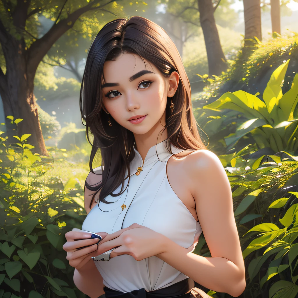 (Extremely detailed 8k wallpaper:2), (photo:2), (26 years old soigne Beautiful girl:2), (gives a lecture to friends:2), detailed (Face and eyes), (hyper realistic:1), (highly detailed:1), (epic realistic:1), rim light, (maximum details:1), cozy, (fullbody:1.3), (looking at viewer:2), (Woman's Attractive Qualities:2), (Attractive Woman:2), (Attractive:2), Smile, Intelligence, Empathy, Gracefulness, Sense of Style, Fitness, Grooming, Optimism, (Sensitivity:2), Sincerity, Romantic Gestures, Playfulness, Fashion Sense, (Sensuality:2), Charm, Modesty, Thoughtfulness, (Femininity:1), Flirtatiousness, Warmth, (Physical attractiveness:2), A beautiful smile, A love of life, strength and power, vulnerability, curiosity, wonder, love, (nature background:2), kawaii, waifu, Beautiful breasts, (attractive body:2), (Beautiful body:2), Beautiful pose, attractive pose, (Beautiful legs:1.0), (Beautiful clothes:1), (classic clothes:2), (elegant clothes:2), (European clothes:2), detailed clothes, (skirt:1), (blouse:1), (provocative pose)