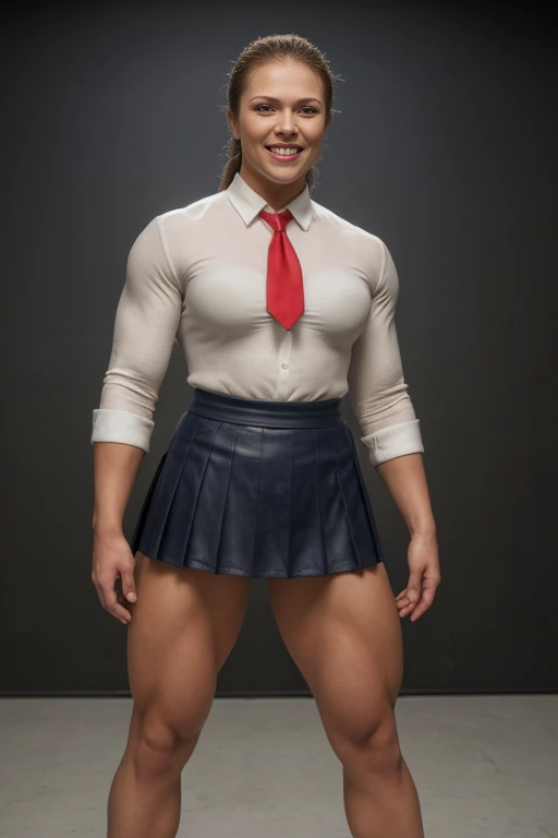 60 year old Resident evil, Viewed from below, dtamatic lighting, Ms Olympia giant ronda rousey,  kayla Harrison, photoshoot studio quality lighting, heavily muscled iffb pro female bodybuilder , humongous muscular chest,((school uniforms:1.4)) ( ((high school)),((white shirt)), ((red tie)), ((dark blue leather skirt:1.3)) ((in the class room:1.3)) ((thin_fabric:1.4)) ((random pose:1.3)) ((sweaty:1.5))((face is flushed:1.4)) ((big muscles:1.4)) ((close-up:1.2)) best quality,masterpiece,ultra high res,(photorealistic:1.4),raw photo,(Authentic skin texture:1.3),(film grain:1.3),panorama,character portrait,very wide shot,narrow waist,cowboy shot,(in the dark, deep shadow, low key, cold light,) night,streaming tears,,dust,Tyndall effect,(expression),beautiful detailed eyes and face,white jabot,brown eyes,((brown hair:1.2)) ((full body:1.3)) ((smile:1.3))