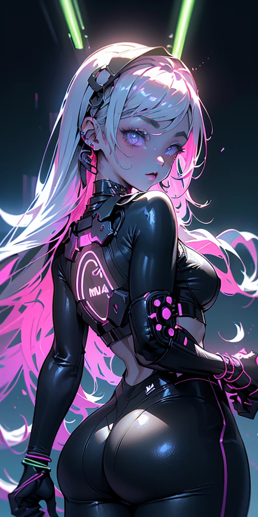 qualidade superior))、((obra prima)、close-up de pessoas、Emphasis on the glute、Cyberpunk、oversized buttocks、Electronic visor attached to -yeld gis face with emphasis on buttocks、moda Cyberpunk、Pose sexy、(Vestindo polainas de corpo branco na parte inferior do corpo、Mamas aumentadas、Neon lights in the dark city at night