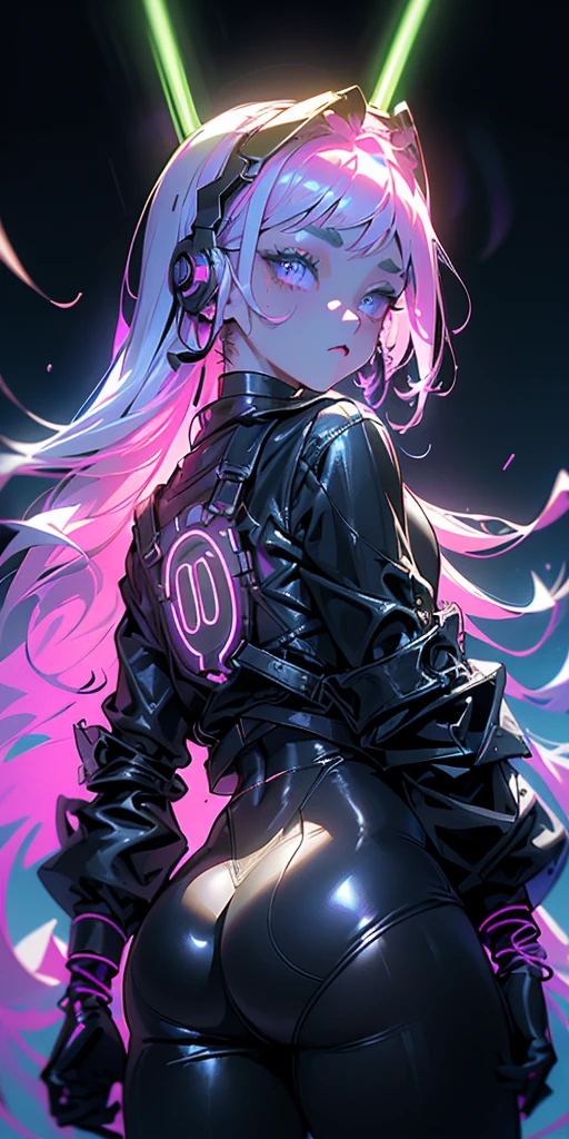 qualidade superior))、((obra prima)、close-up de pessoas、Emphasis on the glute、Cyberpunk、oversized buttocks、Electronic visor attached to -yeld gis face with emphasis on buttocks、moda Cyberpunk、Pose sexy、(Vestindo polainas de corpo branco na parte inferior do corpo、Mamas aumentadas、Neon lights in the dark city at night