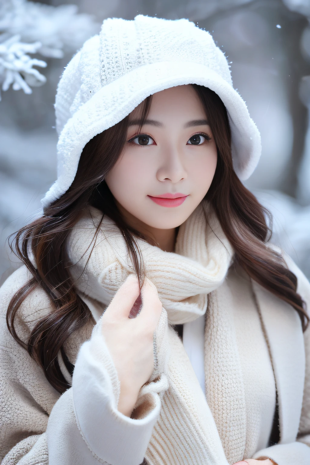 ((top-quality、8K、masuter piece:1.3))、(Beautiful, Realistic Japan),1 female、Winter coat、(爆乳:1.2)、muffler、Yarn hat、gloves、hyperdetailed face、High detailed lips、A detailed eye、二重まぶた 、snowflakes falling、White breath、large tree、naturey、kou、a white world、