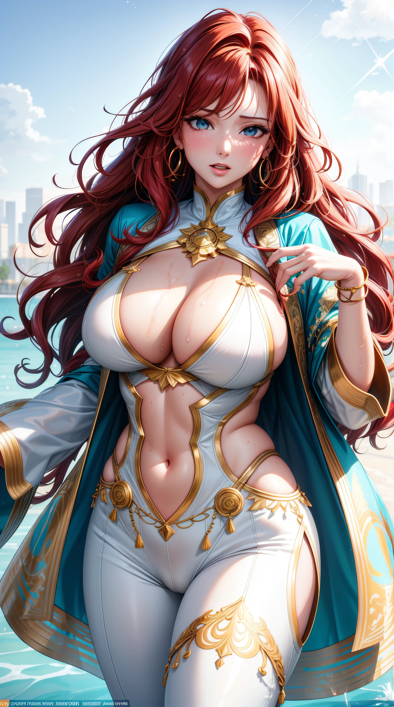 (best quality:1.5, highres, UHD, 4K, detailed lighting, shaders), red wavy haired, gradient hair, large breasts, suit, social lomg pants, mature woman , (pov), white background, colorful eyeshadow, dramatic lighting, sparkling eyes, sensual expression, golden earrings, flowing hair, delicate facial features, soft skin, high cheekbones, urban setting, white background, dont look for the camera, lean forward, wet with water.