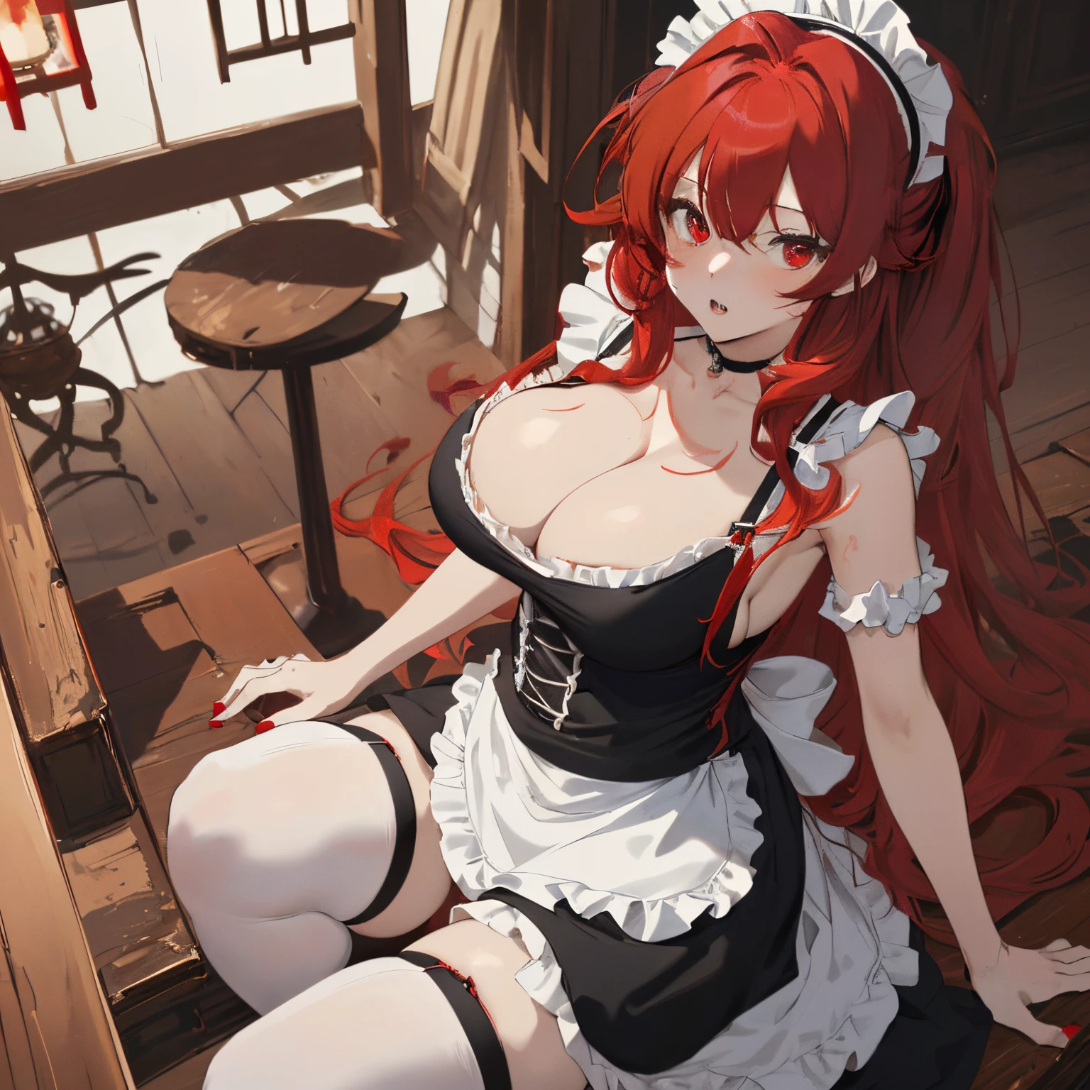 (Masterpiece), (best quality), Anime Style 4K, ((((Solo)))), ((Female with extremely messy layered red hair)), ((long hair)), ((black and white maid dress)), (showing cleavage), ((red eyes)), (nervous), ((sexually suggestive)), ((Curvy)), ((shy poses)), ((looking at viewer)), (maid cafe), (thick thighs), (stockings), ((beautiful bar)), (slightly above view), (((Nao Egokoro)))